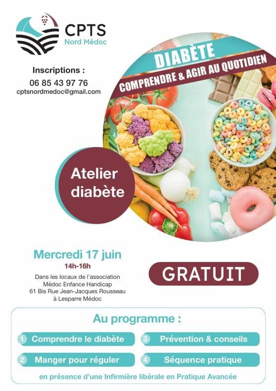 Flyer « Atelier diabète — Comprendre & agir au quotidien », mercredi 17 juin, 14h-16h, gratuit, inscriptions 06 85 43 97 76