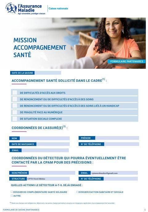 Page 1 du formulaire « Mission Accompagnement Santé », formulaire partenaires, Assurance Maladie