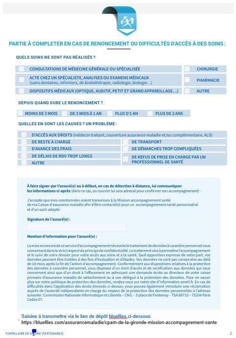 Page 2 du formulaire « Mission Accompagnement Santé » : partie à compléter en cas de renoncement ou difficultés d'accès aux soins