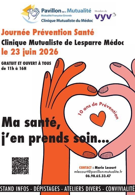 Affiche « Journée Prévention Santé », Clinique Mutualiste de Lesparre Médoc, 23 juin 2026, « Ma santé, j'en prends soin », 10 ans de Prévention