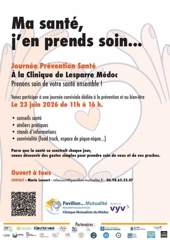 Verso de l'affiche : détail du programme (conseils santé, ateliers pratiques, stands d'informations, convivialité), contact Marie Lecourt