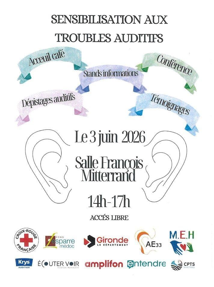 Affiche « Sensibilisation aux troubles auditifs », le 3 juin 2026, Salle François Mitterrand, 14h-17h, logos des partenaires